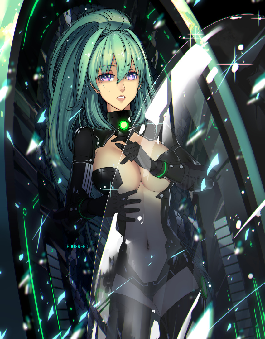 1girl, absurdres, artist_name, black_gloves, breasts, choujigen_game_neptune, double-parted_bangs, eadgear, elbow_gloves, gloves, green_hair, green_heart_(neptunia), hair_between_eyes, highres, large_breasts, long_hair, navel, neptune_(series), ponytail, solo, thigh-highs, thighs, transparent, vert_(neptunia), very_long_hair, violet_eyes