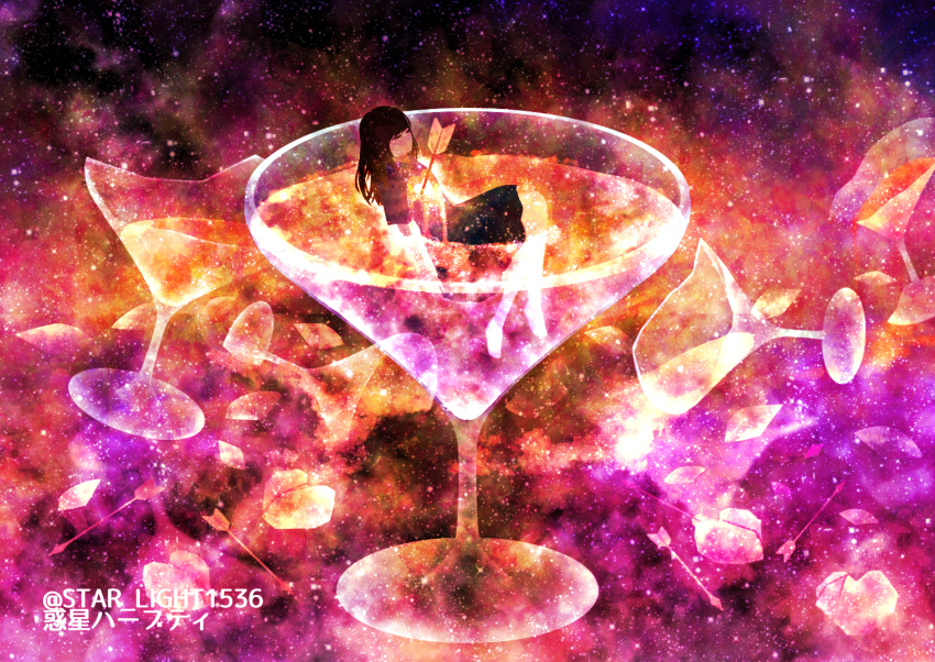 1girl, afloat, arrow_(projectile), arrow_through_heart, black_hair, broken_glass, cup, dress