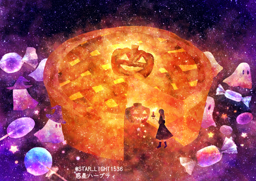 1girl, black_dress, candle, candy, dress, food, ghost, halloween, hat, jack-o'-lantern, lollipop, long_hair, original, pie, rinetto_kyandie, star_(sky), star_(symbol), starry_background, wakusei_habuti, witch_hat, wrapped_candy