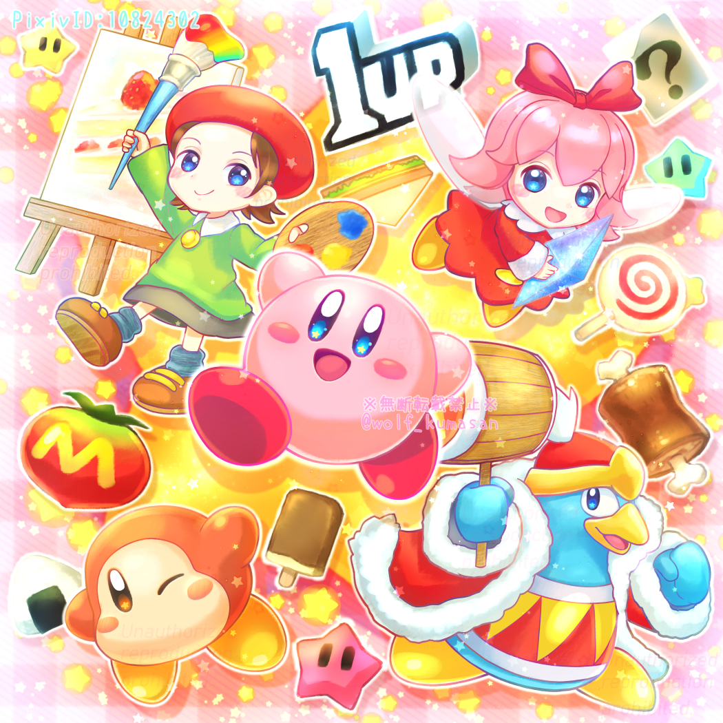1up, :d, ?, adeleine, arms_up, artist_name, beret, blue_eyes