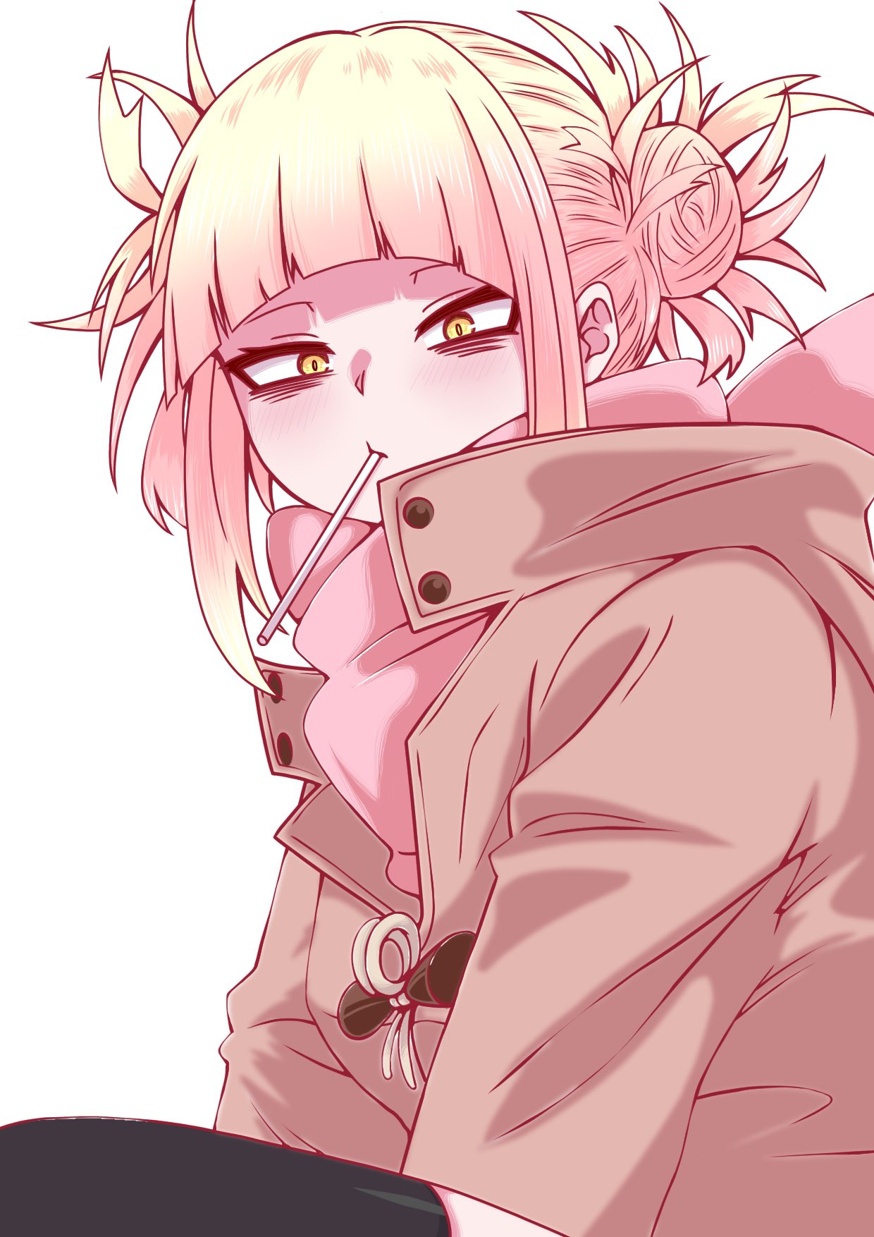 1girl, arched_bangs, black_thighhighs, blonde_hair, boku_no_hero_academia, brown_coat, candy, closed_mouth