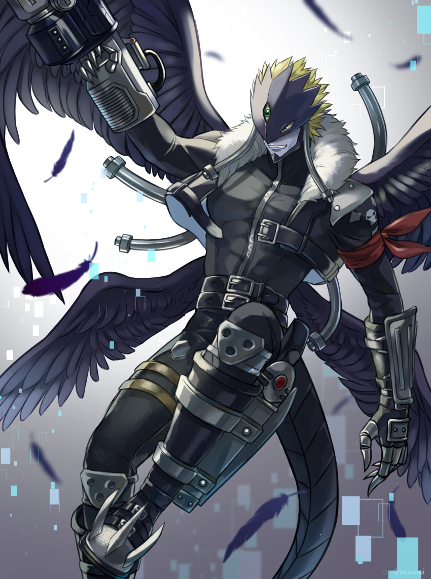 1boy, beelzebumon, beelzebumon_blast_mode, belt, black_belt, black_feathers, black_jacket, black_pants