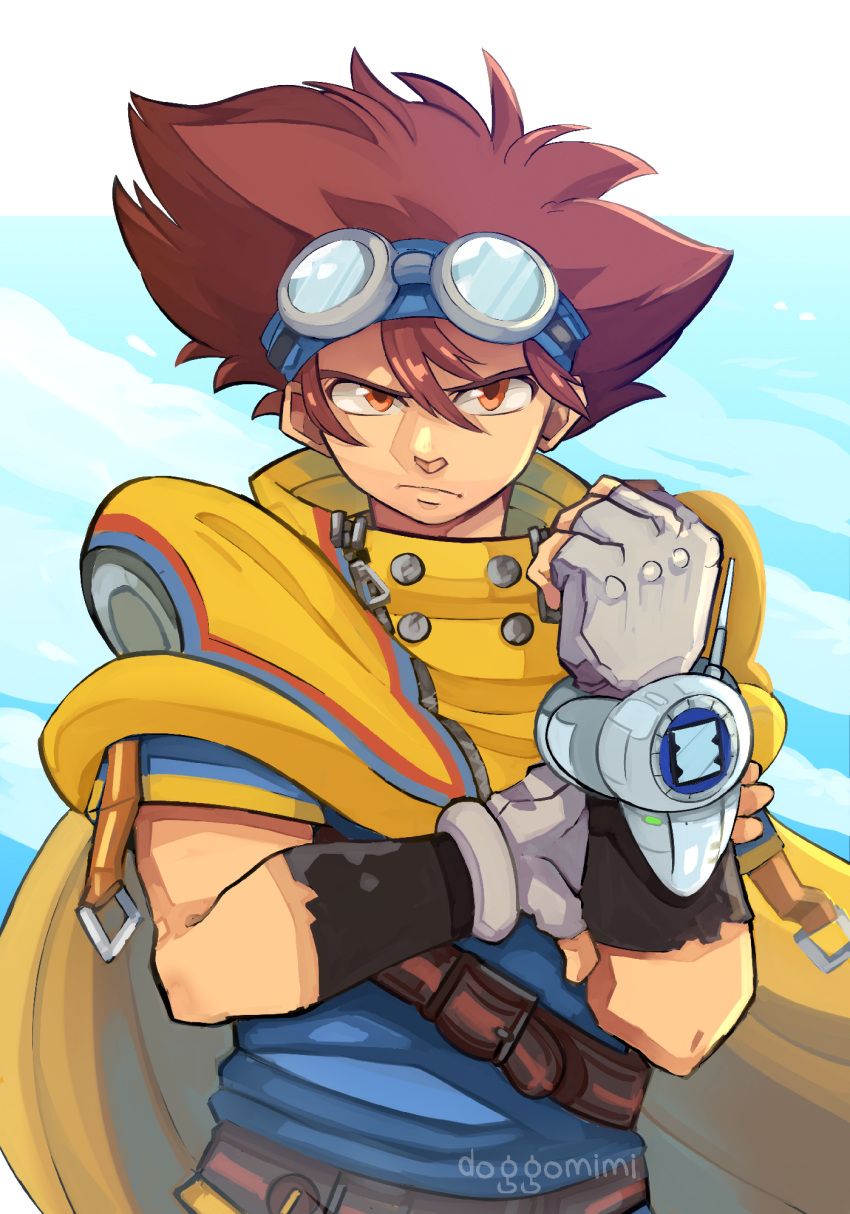 1boy, artist_name, belt, blue_shirt, brown_belt, brown_eyes, brown_hair, cape, clenched_hands, closed_mouth, digimon, digimon_adventure_v-tamer_01, doggomimi, fingerless_gloves, frown, gloves, goggles, goggles_on_head, grey_gloves, hair_between_eyes, highres, looking_at_viewer, male_focus, shirt, short_sleeves, solo, upper_body, watermark, yagami_taichi, yellow_cape