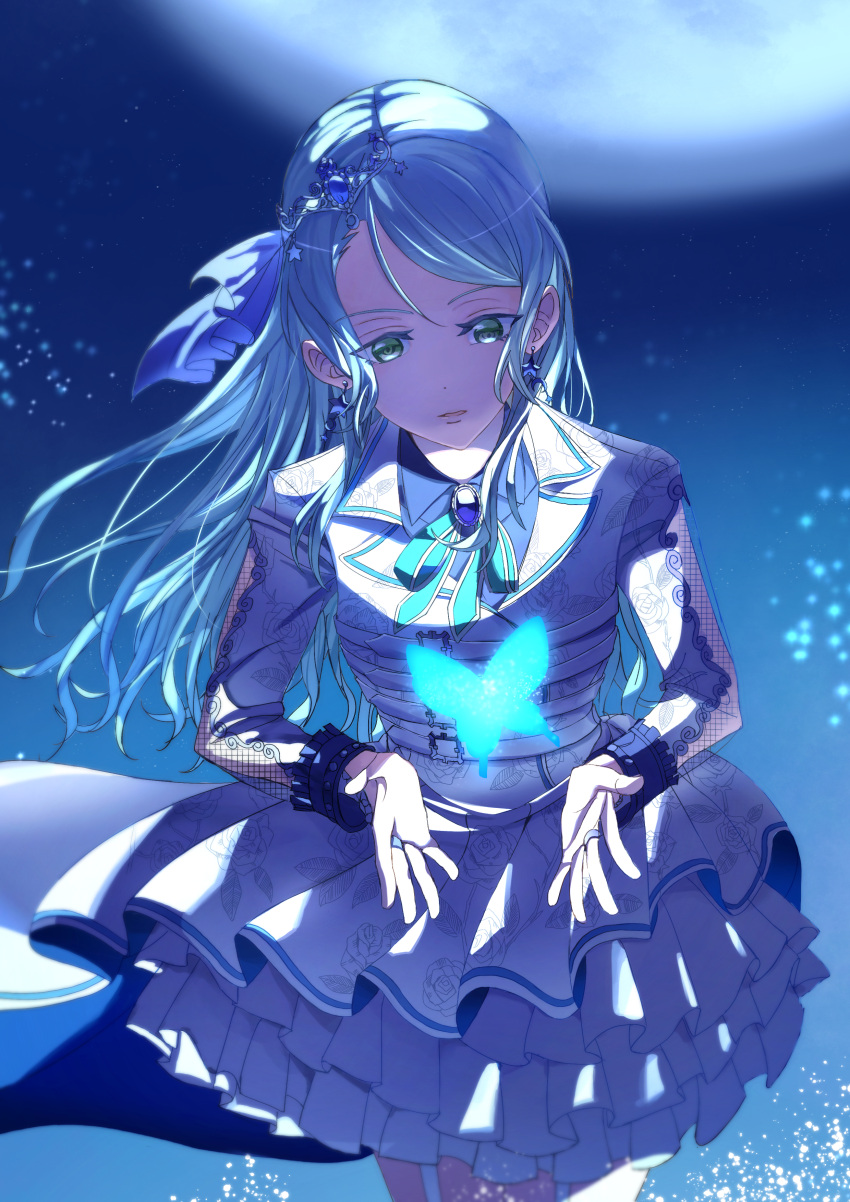 1girl, absurdres, aqua_hair, bang_dream!, blue_trim, bug, butterfly, dress