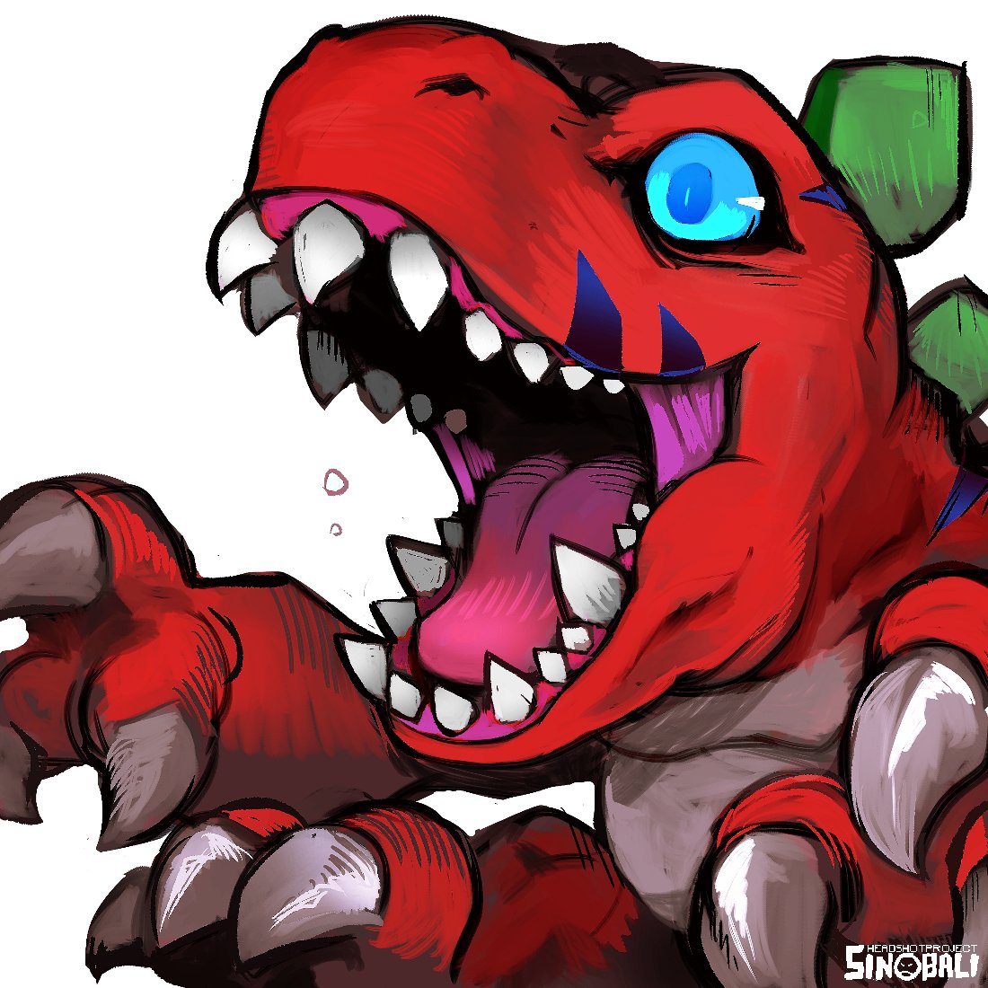 artist_name, blue_eyes, claws, digimon, digimon_(creature), dinosaur, no_humans, open_mouth