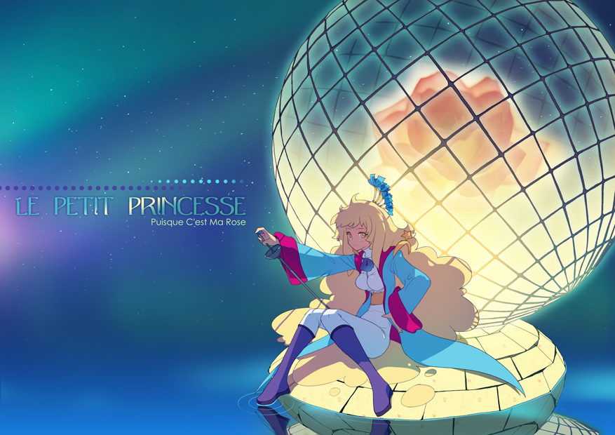 boots, flower, genderswap, le_petit_prince, night, pink_rose, ranguage, rose, sitting, solo, sword, tako_ashin, the_little_prince, weapon, yellow_eyes