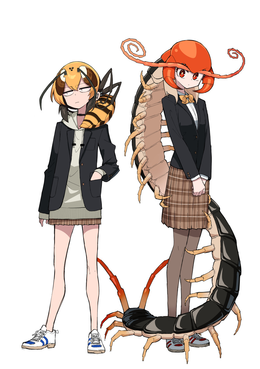 2girls, absurdres, antennae, arthropod_girl, black_hair, blonde_hair, bug, centipede