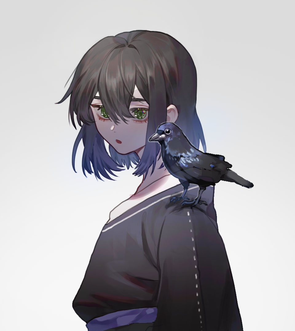 1boy, :o, animal_on_shoulder, bird, bird_on_shoulder, black_kimono, blue_sash, brown_hair