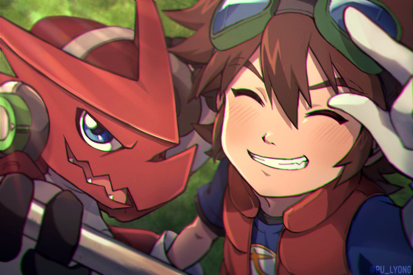 1boy, blue_eyes, blue_shirt, blush, brown_hair, closed_eyes, digimon, digimon_(creature)