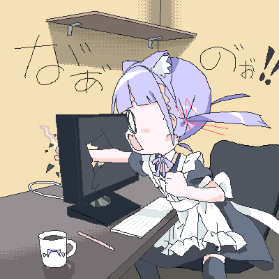 0_0, 1girl, apron, black_dress, chair, clenched_hands, commentary_request, cup