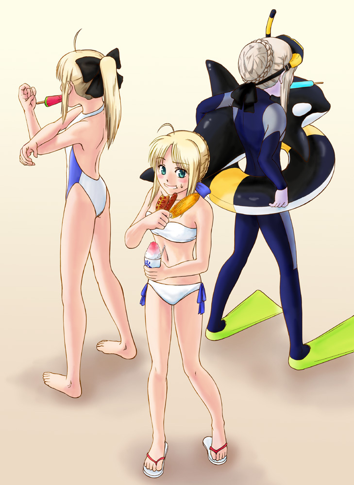 ahoge, asakura_(asakura_souko), bandeau, barefoot, bikini, blonde_hair, blue_eyes, corndog