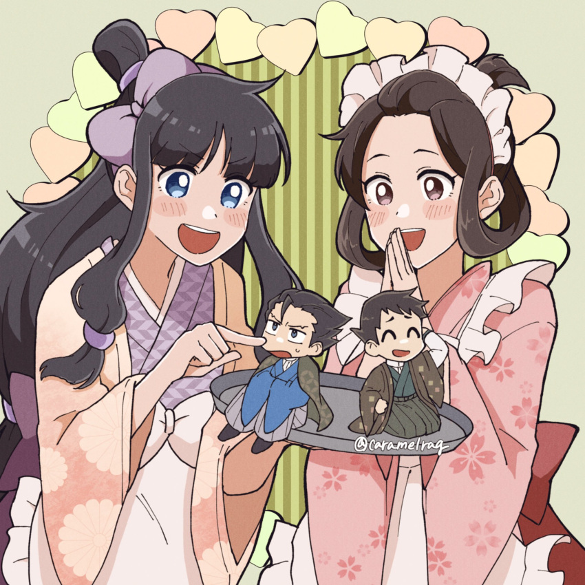 2boys, 2girls, ^_^, ace_attorney, apron, black_hair, black_haori, blue_eyes, blue_kimono, bow, caramelrag, chibi, closed_eyes, frown, green_background, green_kimono, hair_bow, hair_rings, hair_slicked_back, hakama, hands_up, highres, holding, holding_tray, japanese_clothes, kimono, knees_up, long_hair, long_sleeves, maid, maid_apron, maid_headdress, maya_fey, multiple_boys, multiple_girls, open_mouth, phoenix_wright, pink_kimono, purple_bow, purple_kimono, ryunosuke_naruhodo, seiza, short_hair, sitting, smile, susato_mikotoba, sweatdrop, teeth, the_great_ace_attorney, tray, updo, upper_teeth_only, v-shaped_eyebrows, wa_maid, white_apron, wide_sleeves
