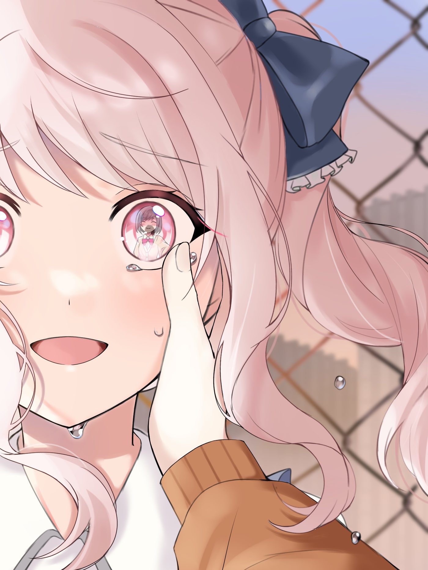 1girl, 1other, ^_^, akiyama_mizuki, androgynous, blue_bow, blurry, blurry_background, bow, bowtie, brown_cardigan, brown_hair, building, cardigan, chain-link_fence, close-up, closed_eyes, closed_mouth, collared_shirt, commentary_request, crying, crying_with_eyes_open, day, eye_focus, eye_reflection, facing_another, fence, fingernails, flying_teardrops, frilled_bow, frills, hair_bow, hand_on_another's_face, happy_tears, highres, long_hair, long_sleeves, looking_at_viewer, open_mouth, other_focus, outdoors, pink_eyes, pink_hair, portrait, pov, project_sekai, red_bow, red_bowtie, reflection, rurudi_(51_ruru6151), shinonome_ena, shirt, short_hair, smile, solo_focus, tears, wavy_hair, white_shirt, wiping_tears