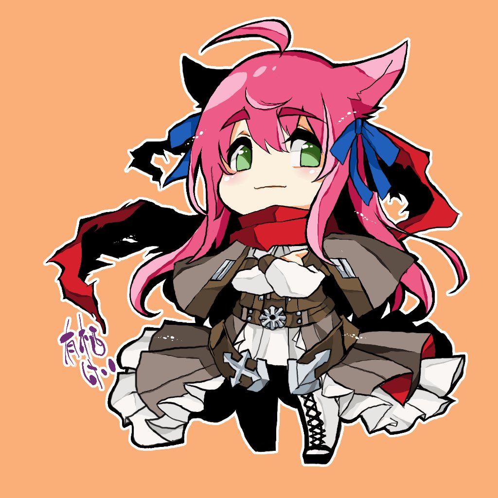 1girl, ahoge, alice_key, animal_ears, belt, blue_bow, blush, boots, bow, brown_belt, brown_coat, cat_ears, chibi, closed_mouth, coat, commentary_request, cross-laced_footwear, crossed_arms, dress, emblem, full_body, green_eyes, hair_between_eyes, hair_bow, long_hair, long_sleeves, looking_at_viewer, medium_bangs, night_watch_(ragnarok_online), orange_background, outline, pink_hair, ragnarok_online, red_scarf, scarf, sidelocks, simple_background, smile, solo, white_dress, white_footwear, white_outline