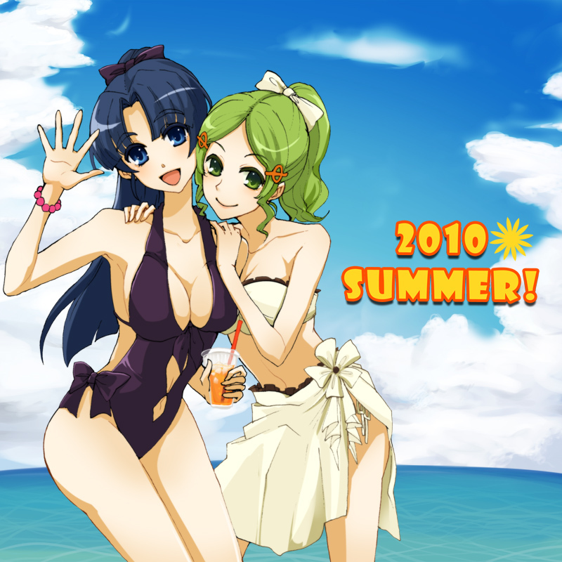 asakura_ryouko, bad_id, bikini, blue_eyes, blue_hair, breasts, casual_one-piece_swimsuit, cleavage, eringi_oishii, green_eyes, green_hair, kimidori_emiri, long_hair, one-piece_swimsuit, ponytail, sarong, suzumiya_haruhi_no_yuuutsu, swimsuit, waving