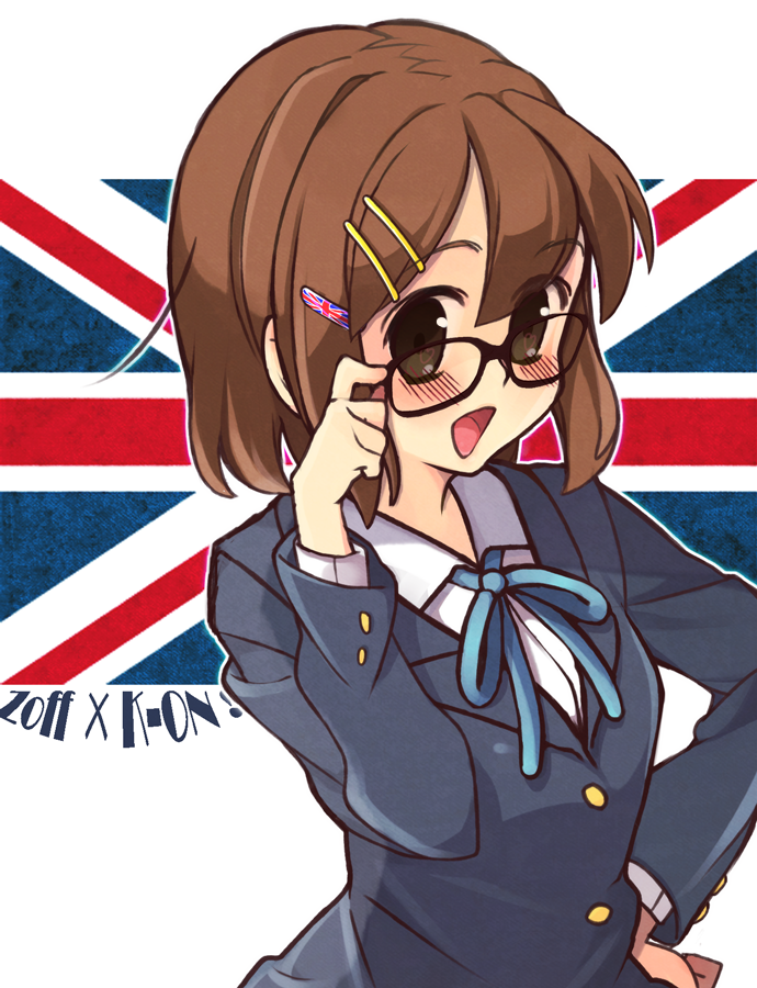 1girl, bespectacled, blue_ribbon, blush, brown-framed_eyewear, brown_eyes, brown_hair, copyright_name, flag_hair_ornament, glasses, grey_jacket, hair_ornament, hairclip, hirasawa_yui, jacket, k-on!, looking_at_viewer, lr., open_mouth, ribbon, school_uniform, shirt, short_hair, solo, union_jack, white_shirt, zoff_(company)