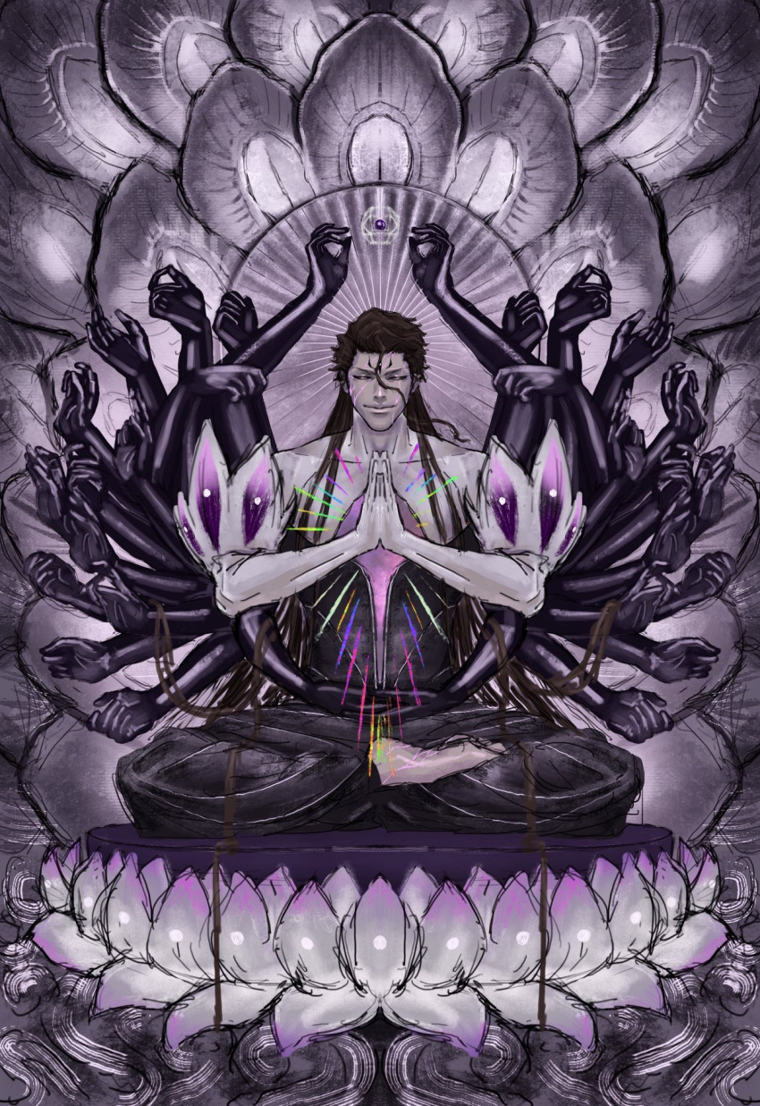 1boy, alternate_hair_length, alternate_hairstyle, barefoot, be023, black_pants, black_sclera, bleach