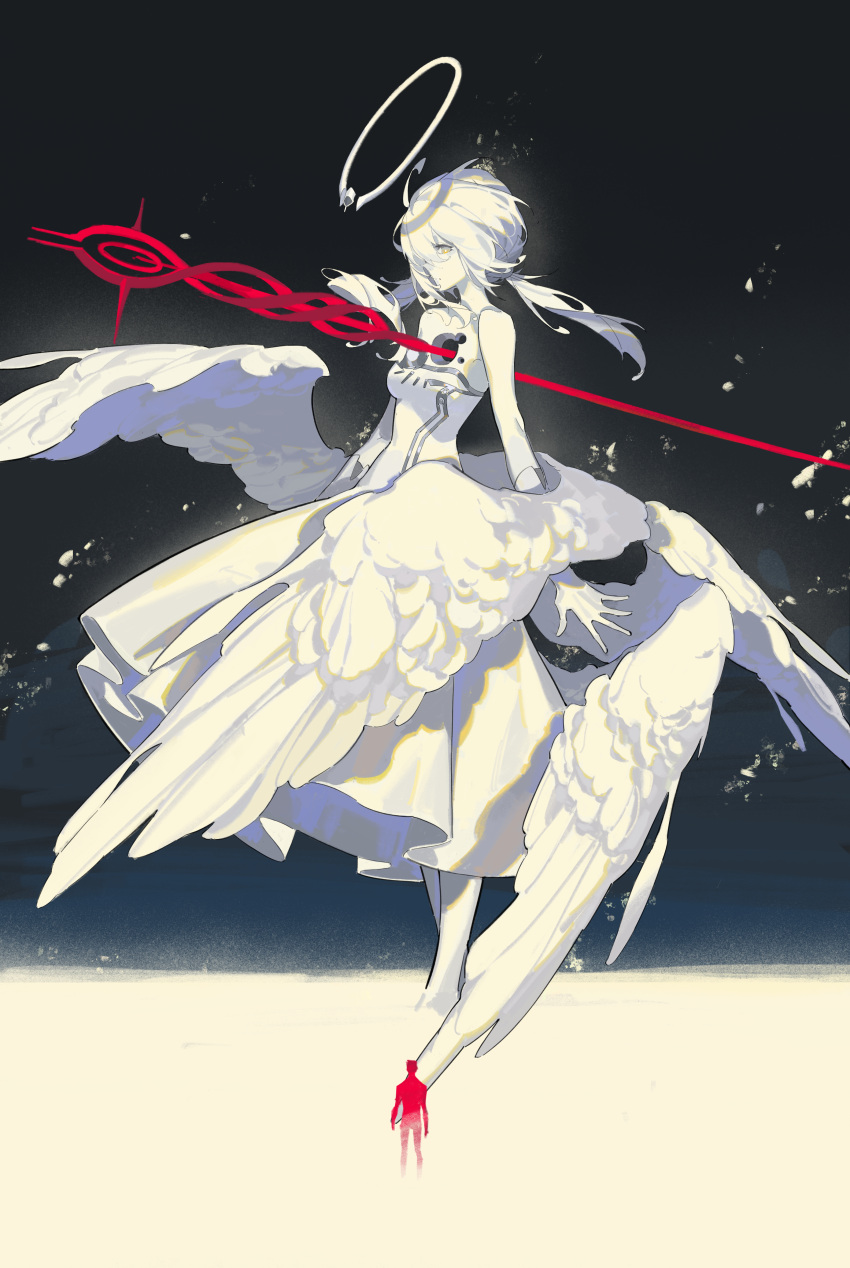 1girl, 1other, absurdres, ahoge, alternate_form, angel_wings, dress, giant
