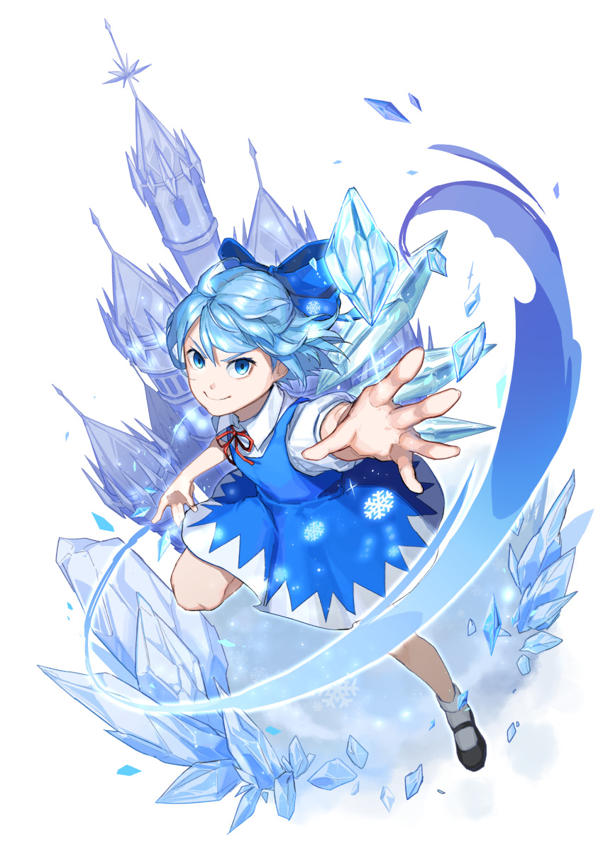 1girl, absurdres, black_footwear, blue_bow, blue_dress, blue_eyes, blue_hair, bow
