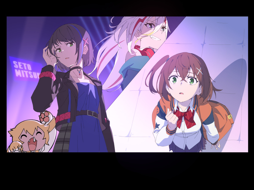 4girls, :d, adjusting_hair, animal_hands, belt, black_belt, black_choker, black_hair