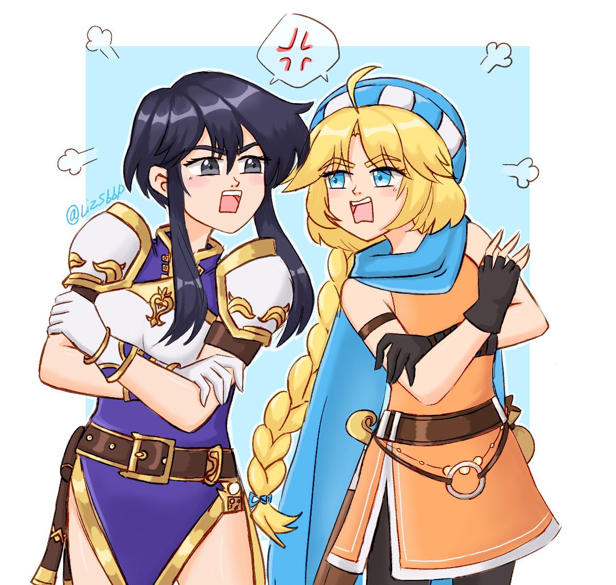 2girls, anger_vein, angry, annoyed, armor, belt, bishoujo_senshi_sailor_moon, black_eyes, black_hair, blonde_hair, blue_eyes, blush, braid, braided_ponytail, breastplate, crossed_arms, fire_emblem, fire_emblem:_genealogy_of_the_holy_war, gloves, larcei_(fire_emblem), lizsbbp, long_hair, multiple_girls, open_mouth, parody, patty_(fire_emblem), pelvic_curtain, ponytail, scarf, short_hair, shoulder_armor, sidelocks, simple_background, skirt, spoken_anger_vein, tunic