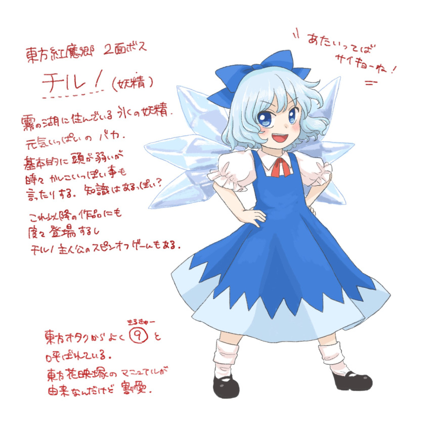 1girl, atai, black_footwear, blue_bow, blue_dress, blue_eyes, blue_hair, bow, character_name, circled_9, cirno, collared_shirt, dress, embodiment_of_scarlet_devil, full_body, hair_bow, hands_on_own_hips, highres, ice, ice_wings, mary_janes, neck_ribbon, pinafore_dress, puffy_short_sleeves, puffy_sleeves, red_ribbon, ribbon, rinui, shirt, shoes, short_hair, short_sleeves, sleeveless, sleeveless_dress, socks, solo, touhou, translation_request, wall_of_text, white_shirt, wings