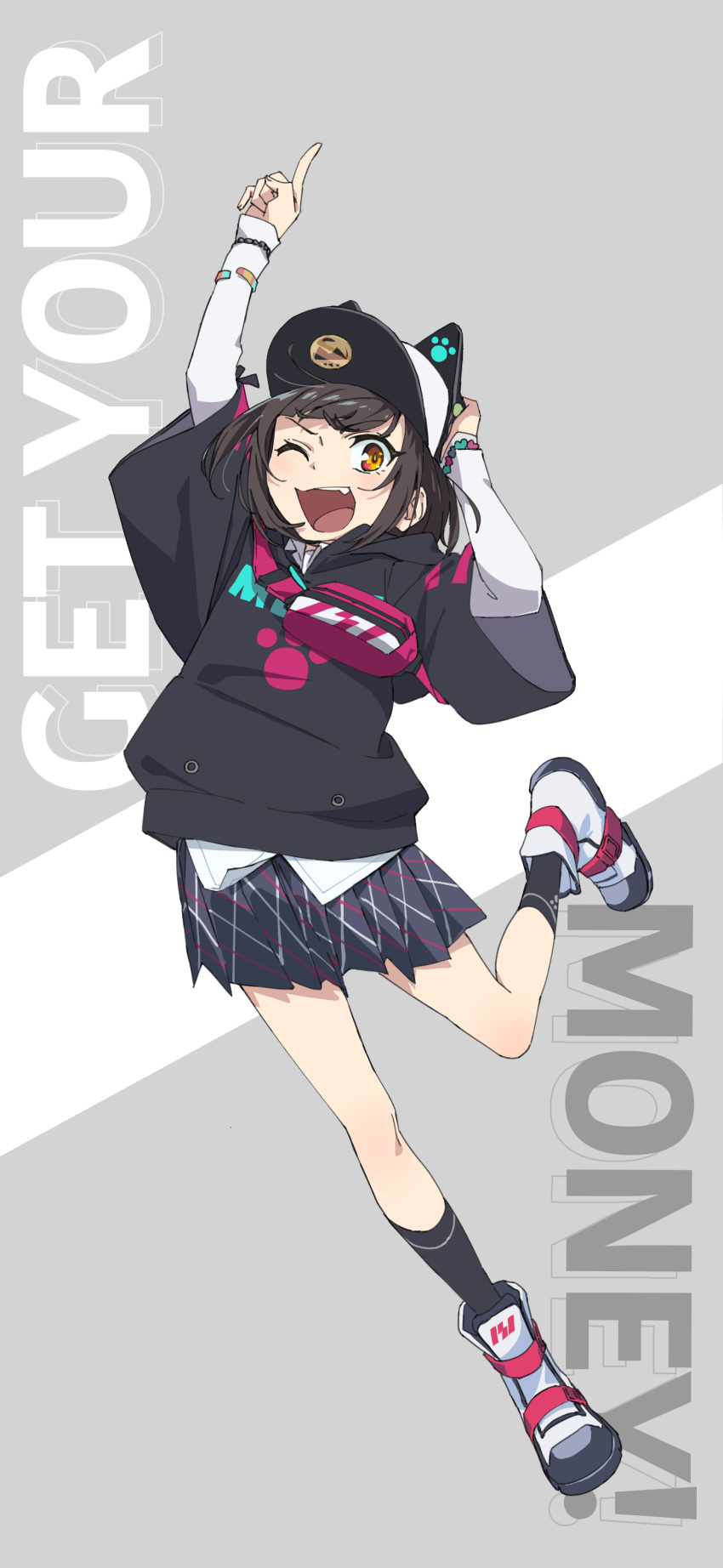 1girl, ;d, absurdres, animal_ears, animal_hat, arm_up, baseball_cap, black_hair