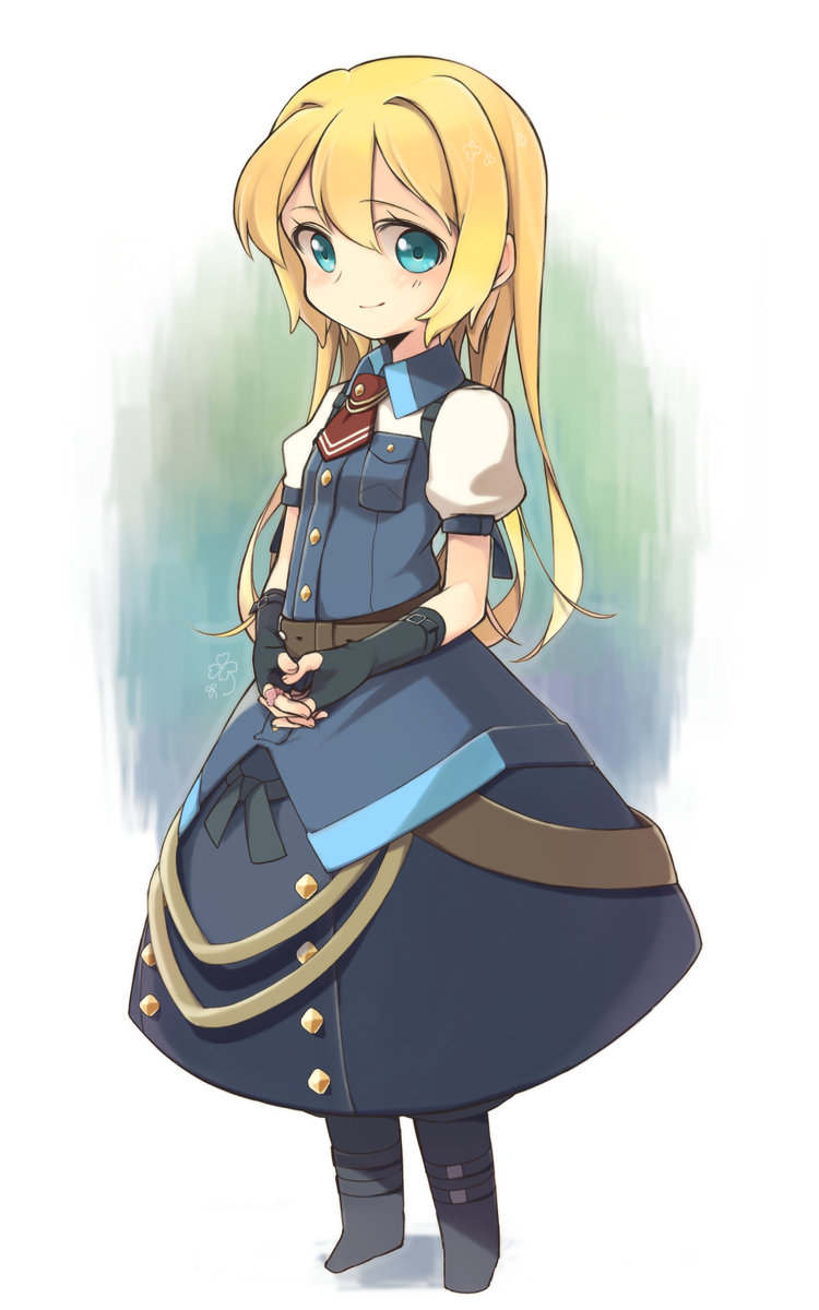 1girl, ascot, belt, black_footwear, blonde_hair, blue_eyes, blue_skirt, blue_vest