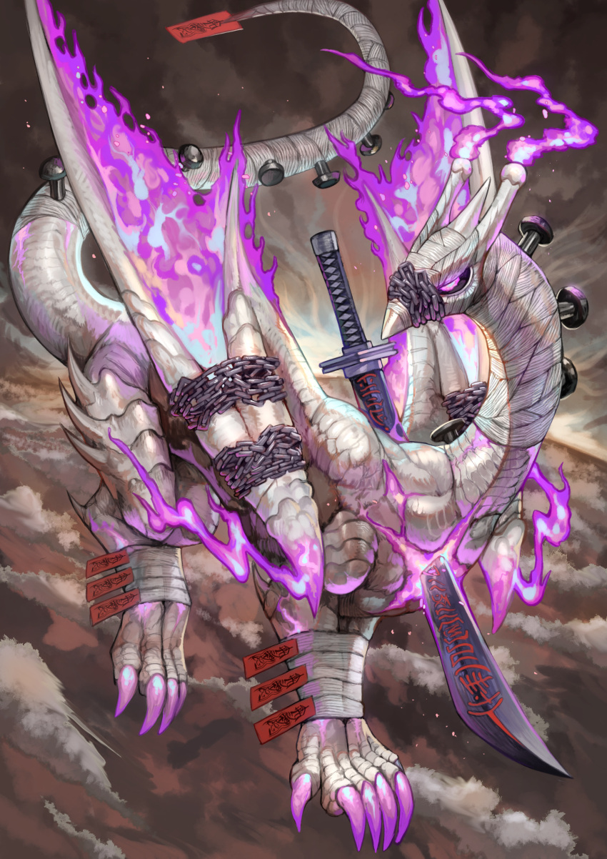 above_clouds, absurdres, beak, black_sclera, blue_eyes, bound, bound_arms, bound_legs