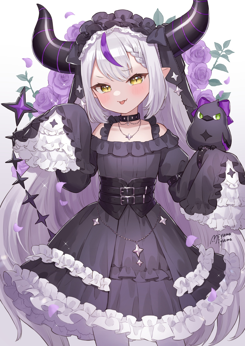 1girl, :p, absurdres, black_horns, braid, braided_bangs, dress, fang