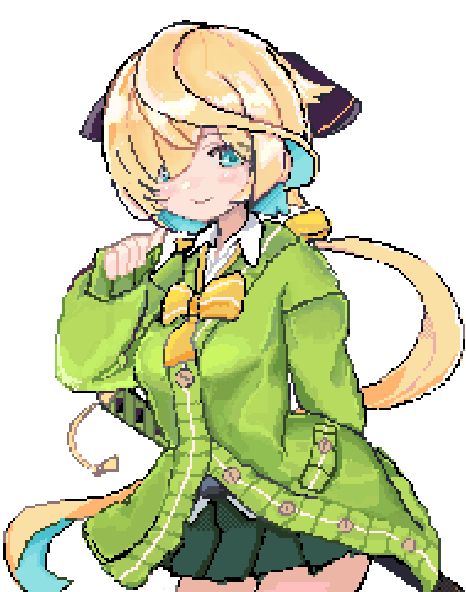 1girl, aqua_eyes, aqua_hair, arm_behind_back, blonde_hair, bow, bowtie, cardigan