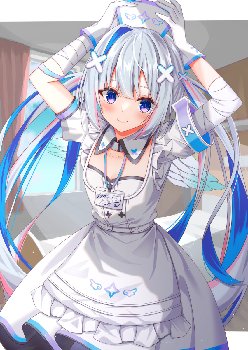 1girl, amane_kanata, amane_kanata_(nurse), angel_wings, apron, bandaged_arm, bandages, colored_inner_hair, divergenceok, gradient_wings, hair_ornament, hat, highres, hololive, multicolored_hair, multicolored_wings, nurse, nurse_cap, official_alternate_hairstyle, violet_eyes, virtual_youtuber, white_apron, wings, x_hair_ornament