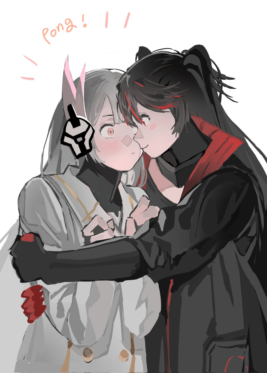 !, 2girls, black_bodysuit, black_hair, black_jacket, blush, bodysuit, buttons