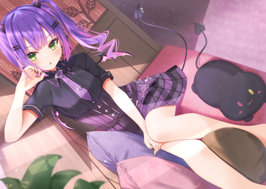 1girl, bibi_(tokoyami_towa), black_nails, black_shirt, colored_inner_hair, demon_girl, demon_horns, demon_tail
