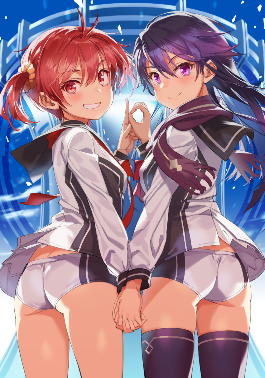 2girls, absurdres, ahoge, ass, black_hair, black_sailor_collar, commentary_request, grin