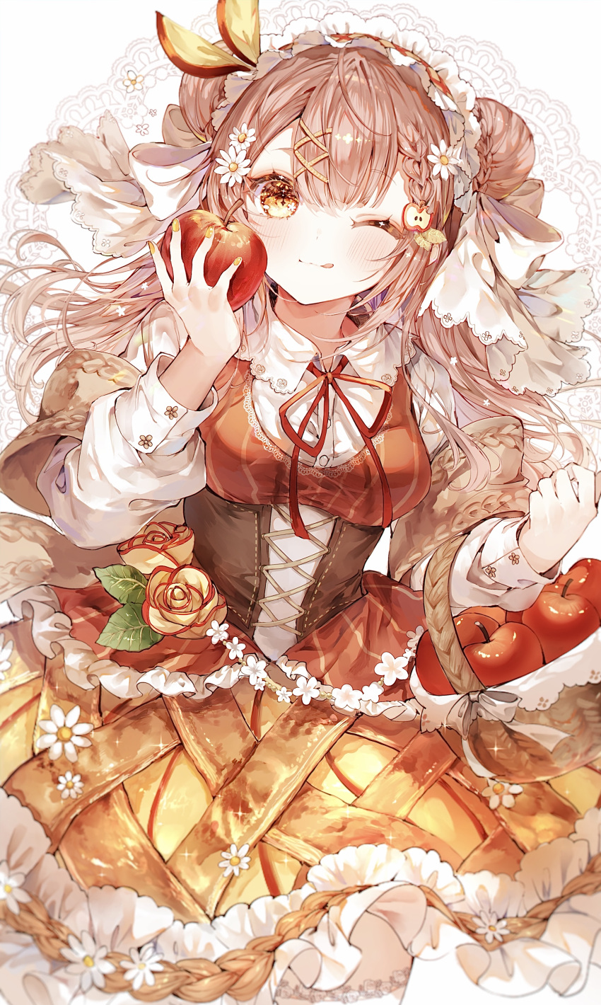 1girl, ;q, absurdres, apple, apple_hair_ornament, basket, brown_corset, brown_hair