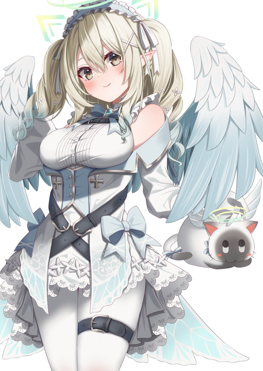 angel, angel_wings, bare_shoulders, belt, divergenceok, drill_hair, feathered_wings, frills