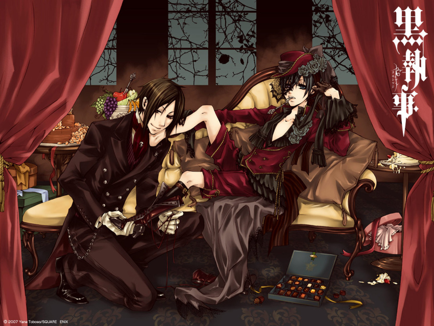 black_hair, blue_hair, cake, chocolate, ciel_phantomhive, couch, food, fork