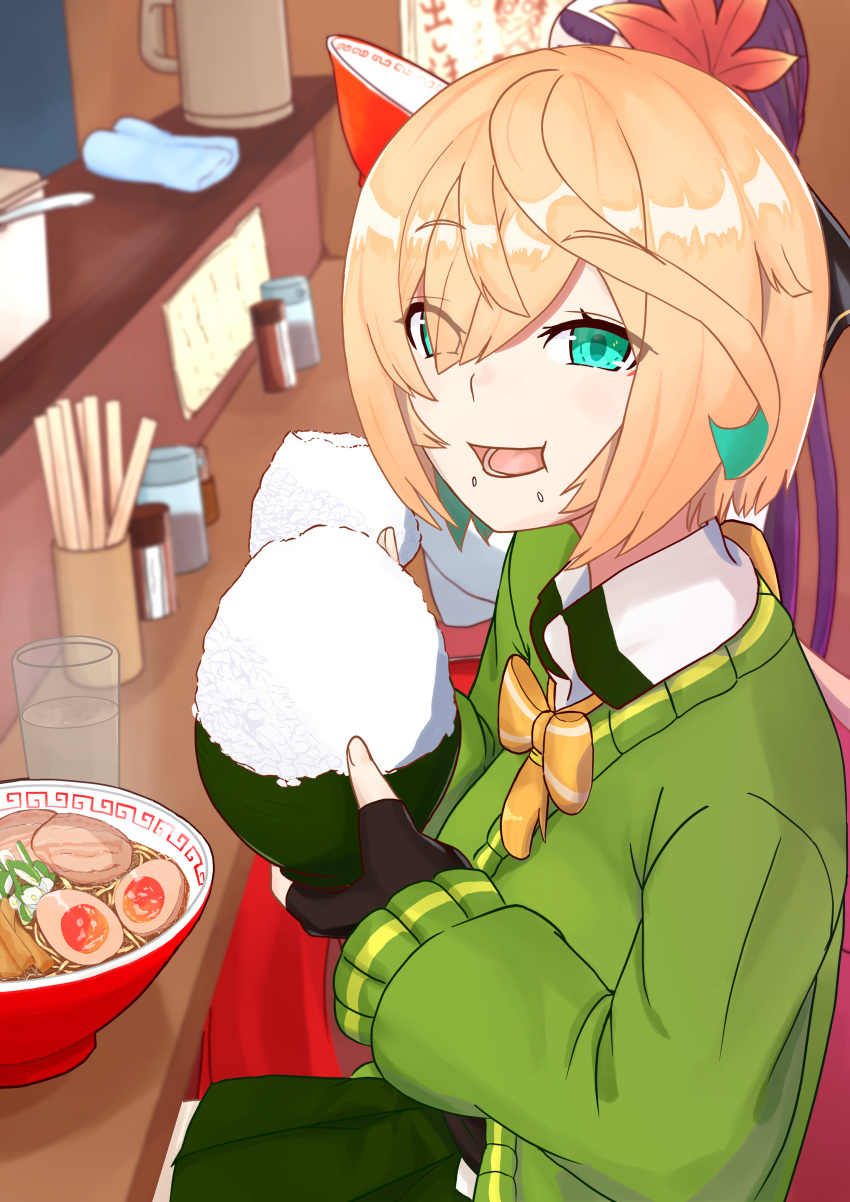 2girls, absurdres, aqua_eyes, aqua_hair, black_gloves, blonde_hair, bow, bowl