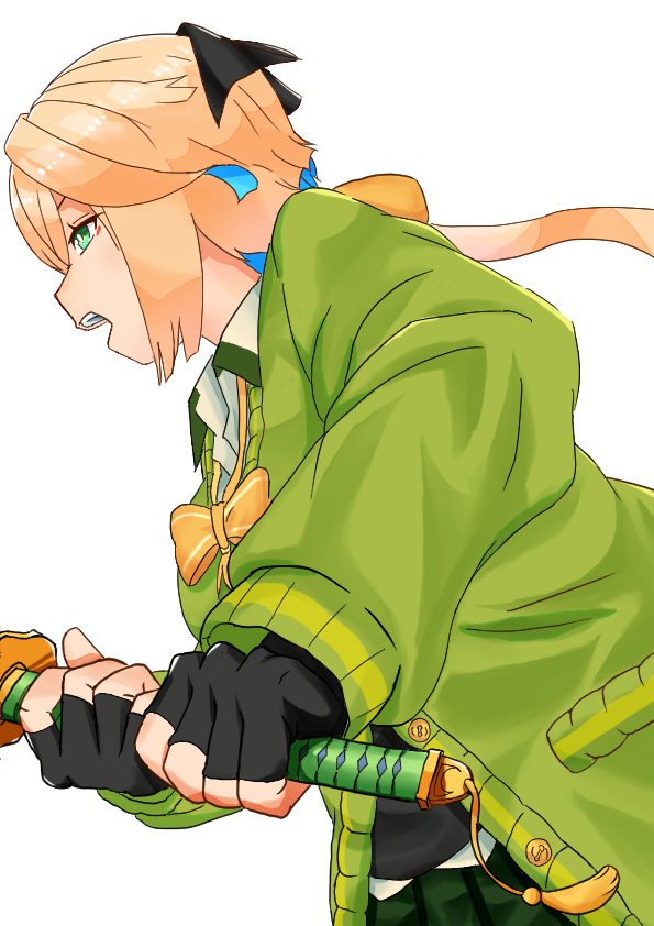 1girl, aqua_eyes, aqua_hair, black_gloves, blonde_hair, bow, bowtie, cardigan