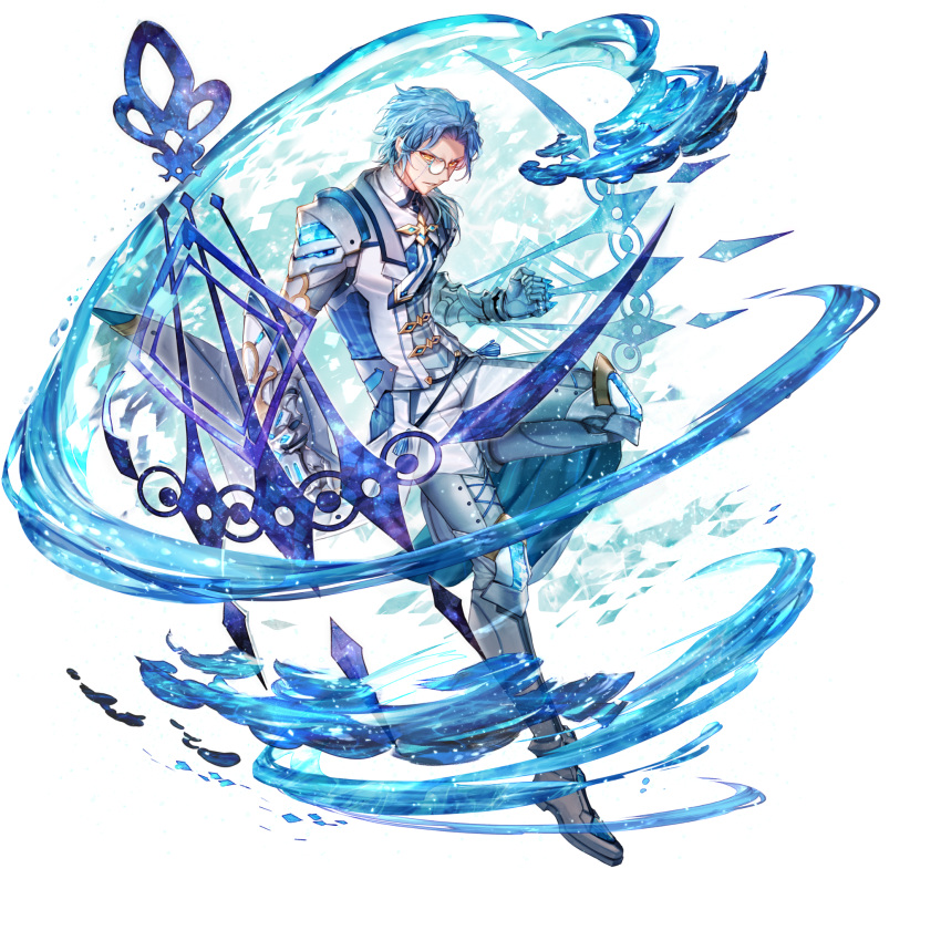 1boy, achan_(blue_semi), armor, asymmetrical_hair, aura, blue_hair, blue_shirt, blue_vest