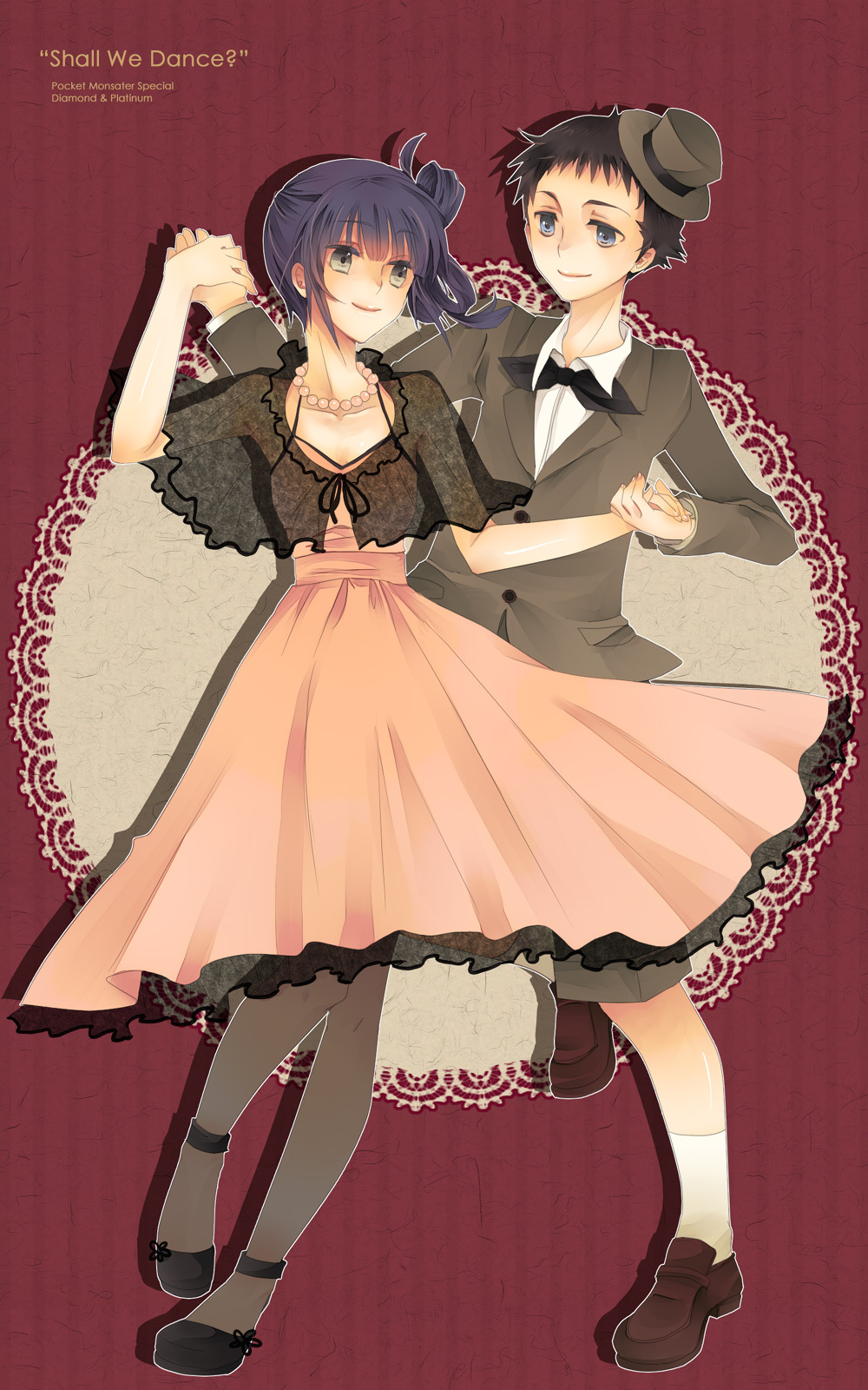 1boy, 1girl, alternate_hairstyle, black_hair, blue_eyes, blue_hair, couple, dancing, diamond_(pokemon), dress, formal, grey_eyes, hat, highres, jewelry, jikei, necklace, pantyhose, platinum_berlitz, pokemon, pokemon_special, see-through, shawl, transparent_clothing, tuxedo