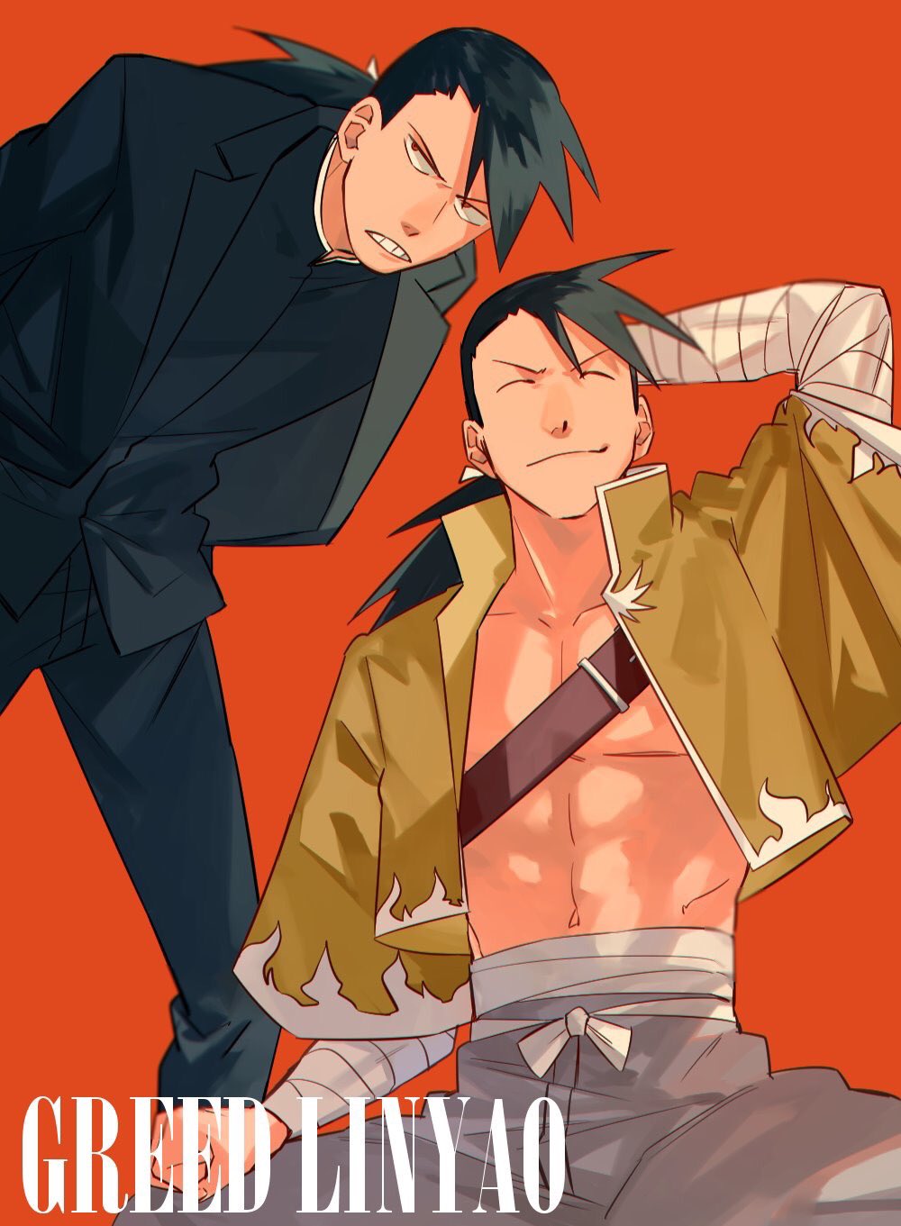 2boys, bandaged_arm, bandages, black_shirt, brown_jacket, clenched_teeth, closed_eyes, closed_mouth