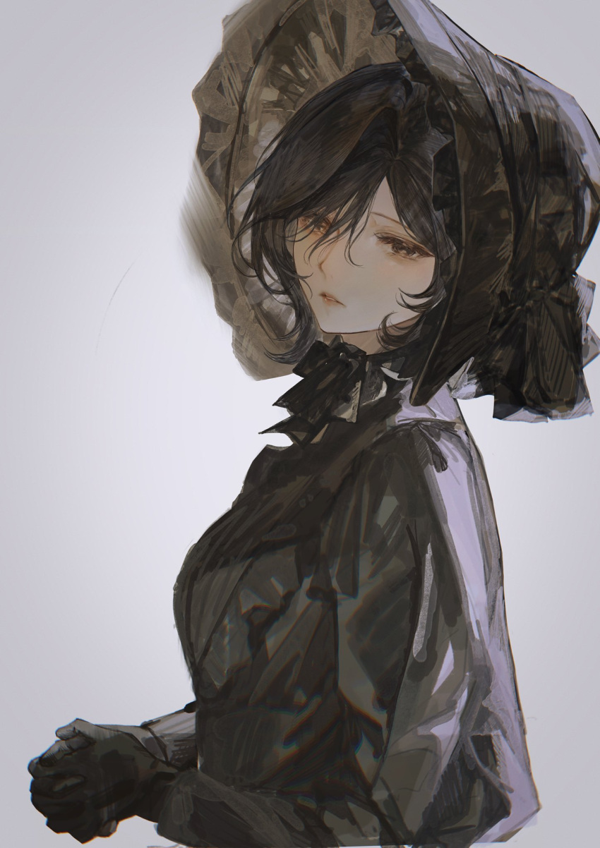 1girl, black_dress, black_eyes, black_gloves, black_hair, black_headwear, chromatic_aberration, close-up