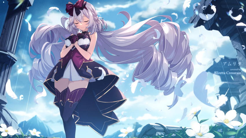 1girl, bare_arms, beretta_x'rain, black_bow, black_dress, black_thighhighs, blue_sky, bow