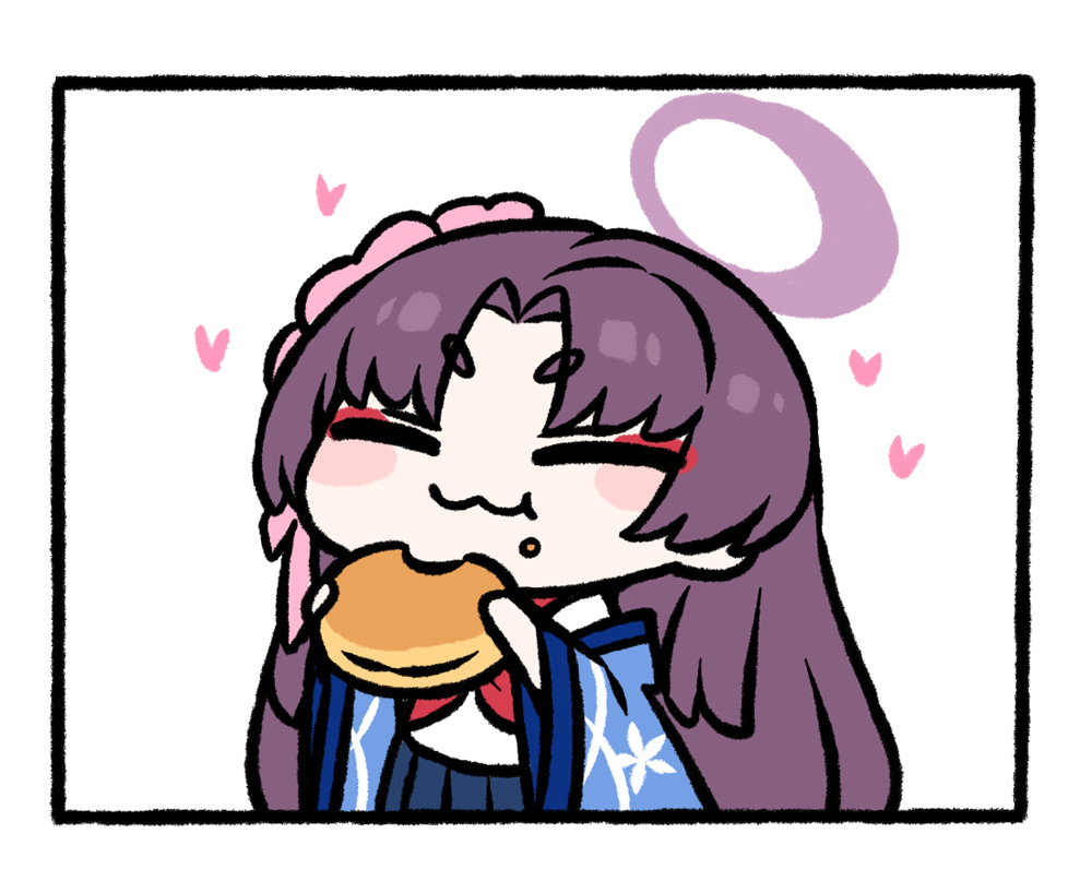 1girl, blue_archive, blue_skirt, blush_stickers, chan_co, closed_mouth, eating, eyeshadow