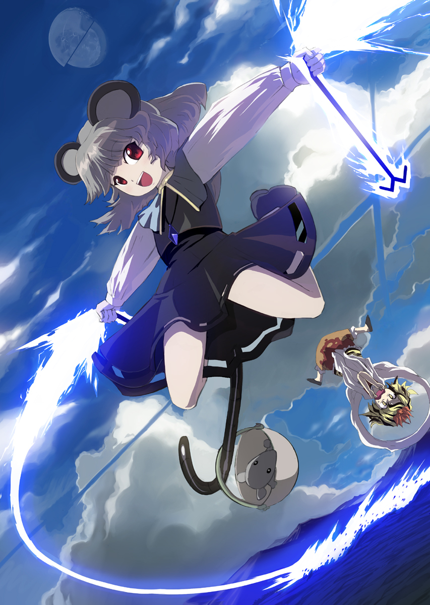 animal_ears, dowsing_rod, dowsing_rods, flying, grey_hair, highres, jewelry, moon