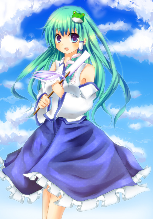 detached_sleeves, frog, gohei, green_hair, hair_ornament, kochiya_sanae, nakamura_nano, skirt, sky, snake, touhou