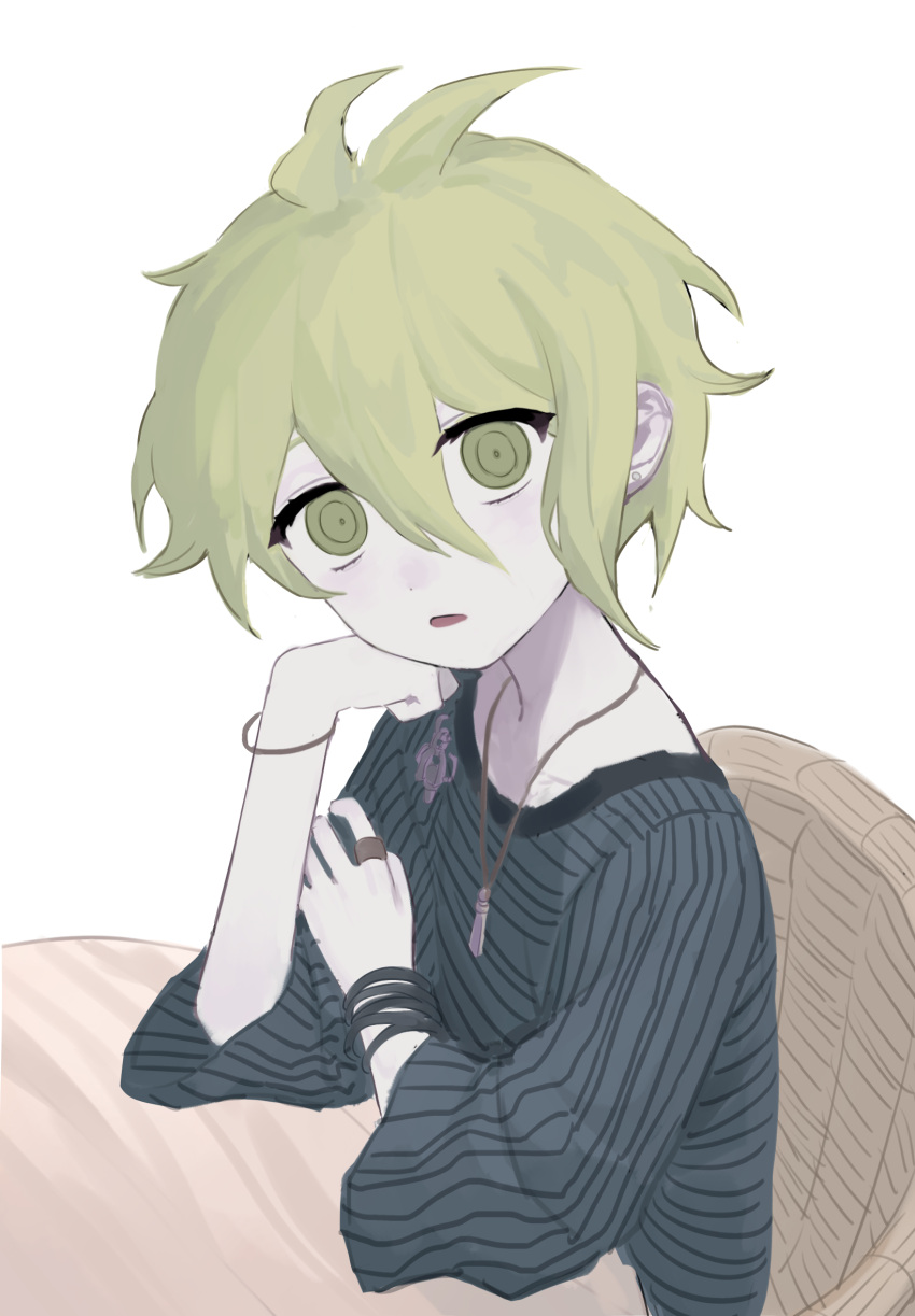 1boy, amami_rantaro, antenna_hair, bracelet, chair, danganronpa_(series), danganronpa_v3:_killing_harmony, green_eyes