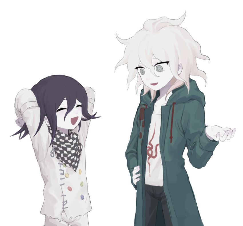 2boys, :d, ahoge, arms_up, black_hair, checkered_clothes, checkered_scarf, cowboy_shot